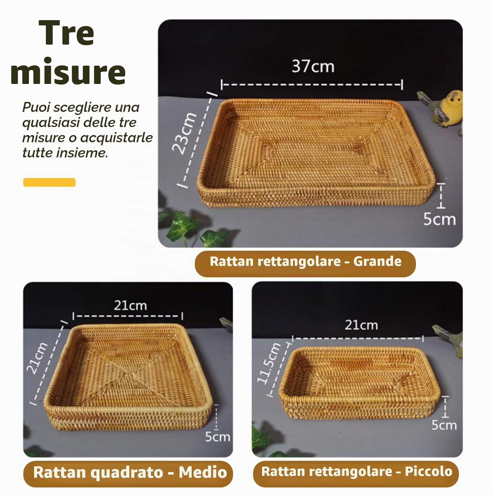 Vassoio da Portata in Rattan, Cestino per Il Pane in Vimini Intrecciato a Mano Vassoio Portaoggetti Rettangolare per Tessitura Decorazione Piatto per Colazione, Tè, Bevande, Pane(Set of 3)