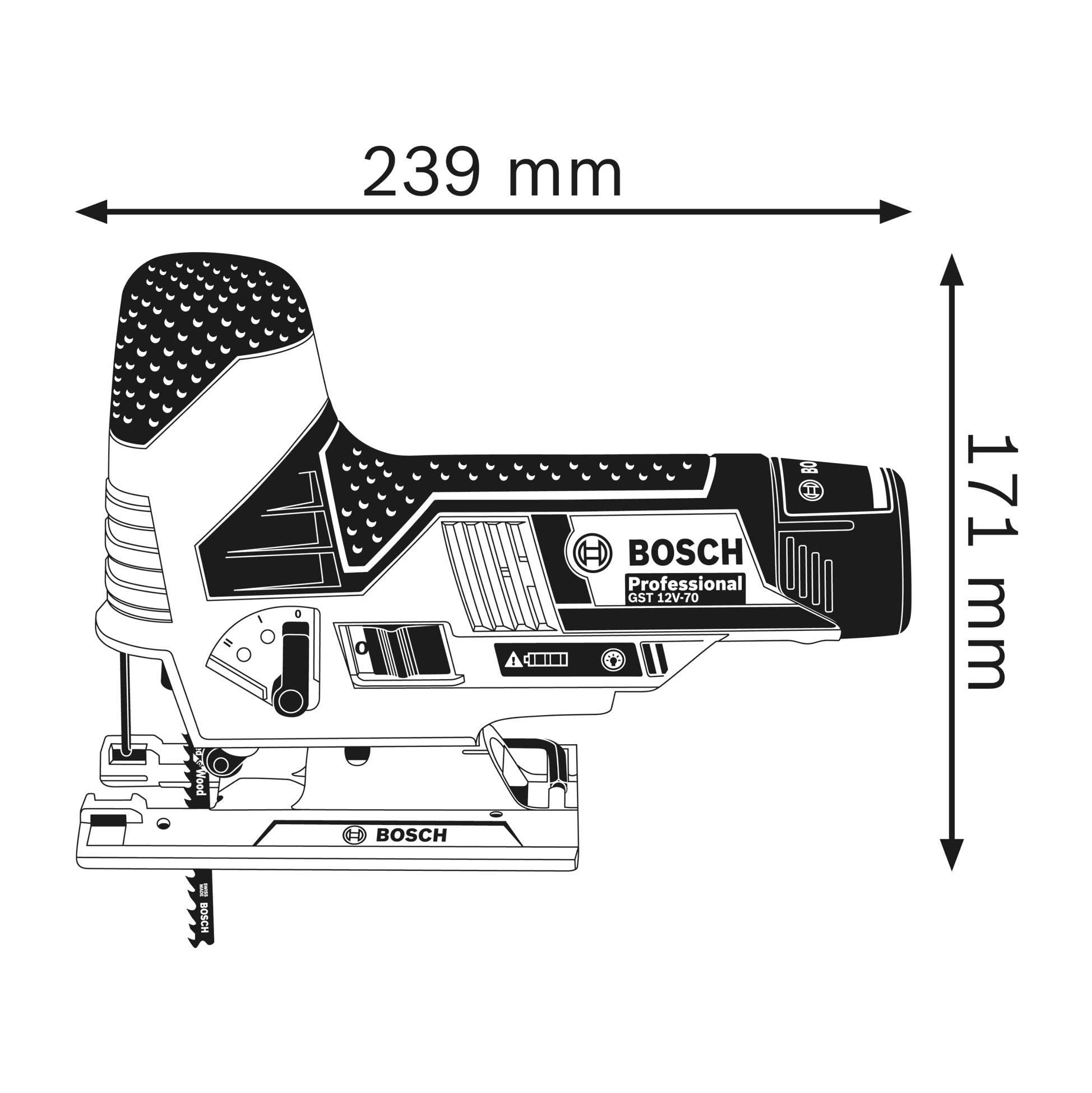 Bosch Professional 0 601 5A1 002 Seghetto Alternativo GST 12V-70, 2 Lame, Pattino, Protezione, Profondità di Taglio in Legno 70 mm, Batterie e Caricabatteria Non Inclusi,Blu