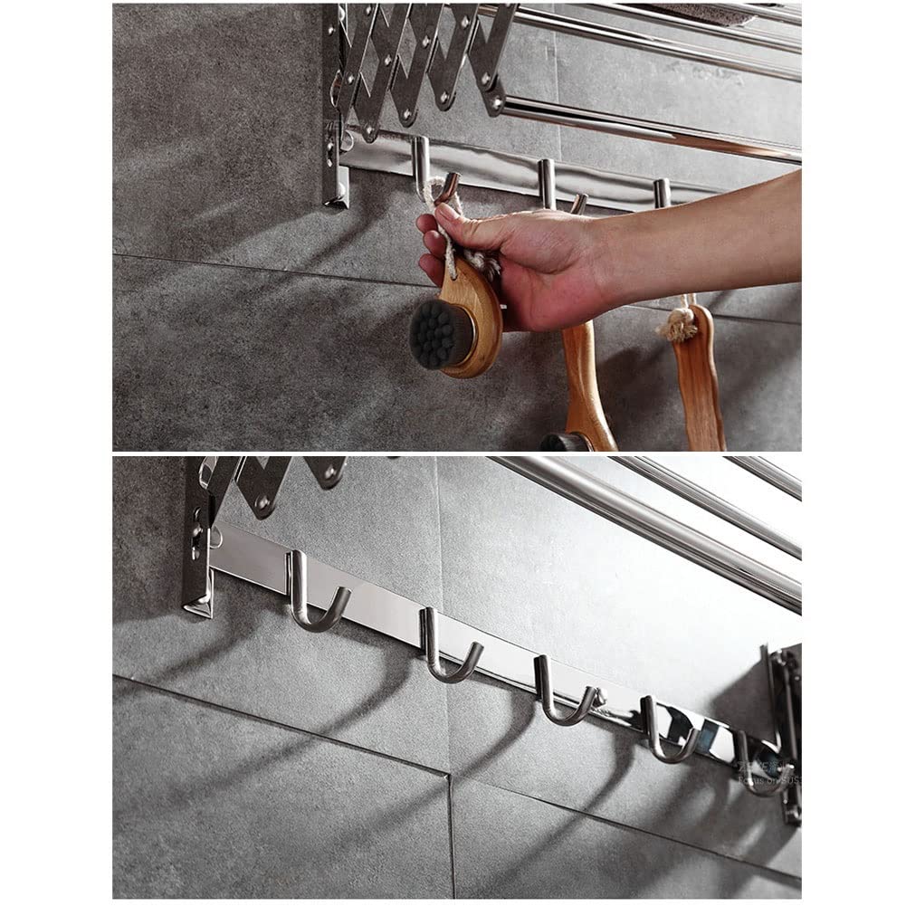 Este tendedero de Ropa de Pared Plegable y retráctil Incluye un toallero con Ganchos para el baño.
