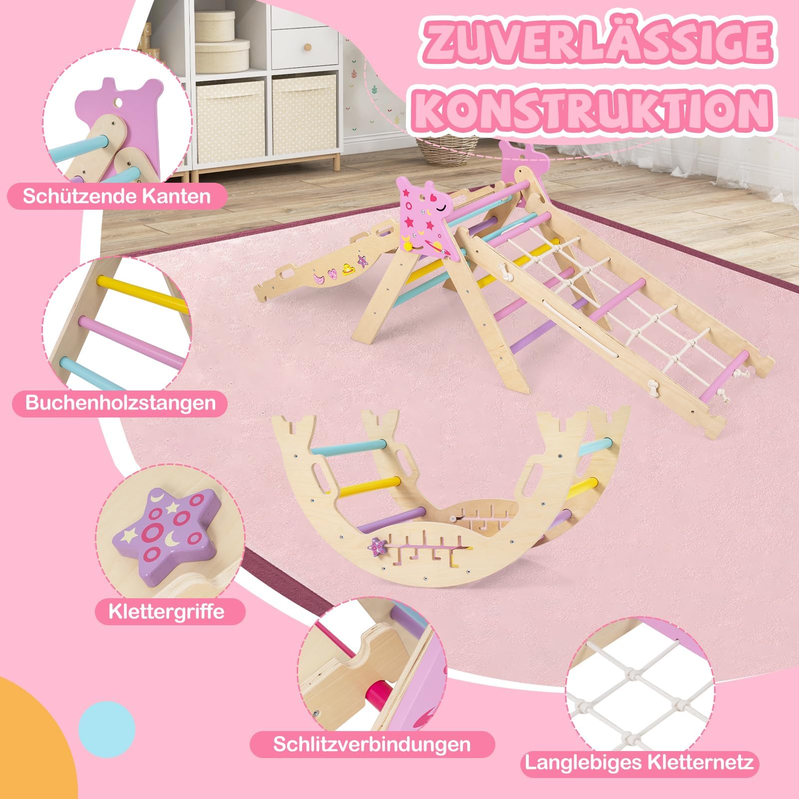 FANTASK Rusztowanie wspinaczkowe 7 w 1, do wnętrz, trójkąt do wspinaczki ze zjeżdżalnią, łuk wspinaczkowy, siatka, w zestawie dwustronna rampa, zestaw klocków i 2 samochody, drewniany jednorożec