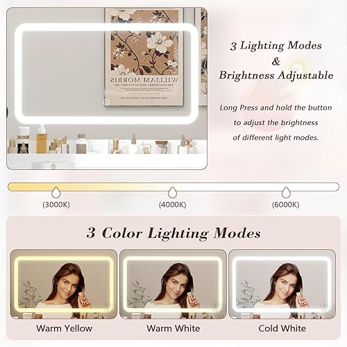 Miniatura 5 de Mesa de tocador de esquina en forma de L con espejo LED iluminado y estación de carga, tocador de maquillaje blanco con 6 cajones y gabinete RGB