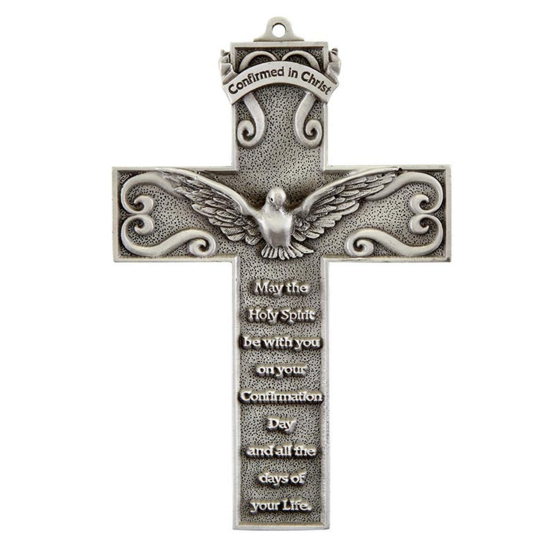 Holy Spirit Dove Confirmation Prayer Pewter Wall Cross Religious Keepsake, 5 Inch