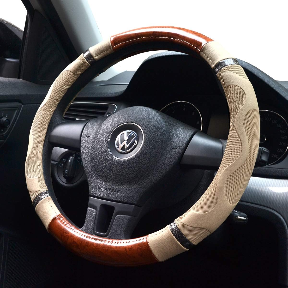 Amo Microfiber Leather Car Steering Wheel Cover, Massage Design, Comfortable and Anti-Slip, fits All 14.5" to 15" (M) Steering Wheels, Beige