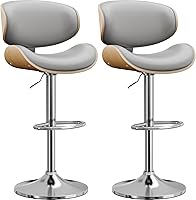Vista 22 de Juego de 2 taburetes de bar giratorios, modernos taburetes ajustables de piel sintética, taburete de bar con respaldo y reposapiés para isla
