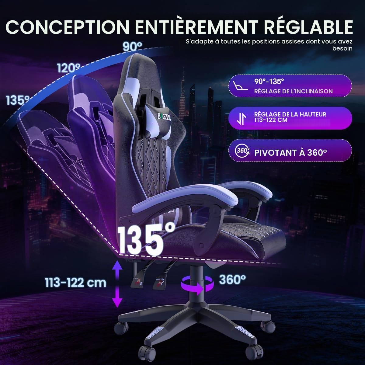bigzzia Chaise Gaming,Fauteuil de Bureau, Ergonomique Chaise de Gaming, Coussin de Tête Ajustable, Support Lombaire, Capacité de Charge de 150 kg