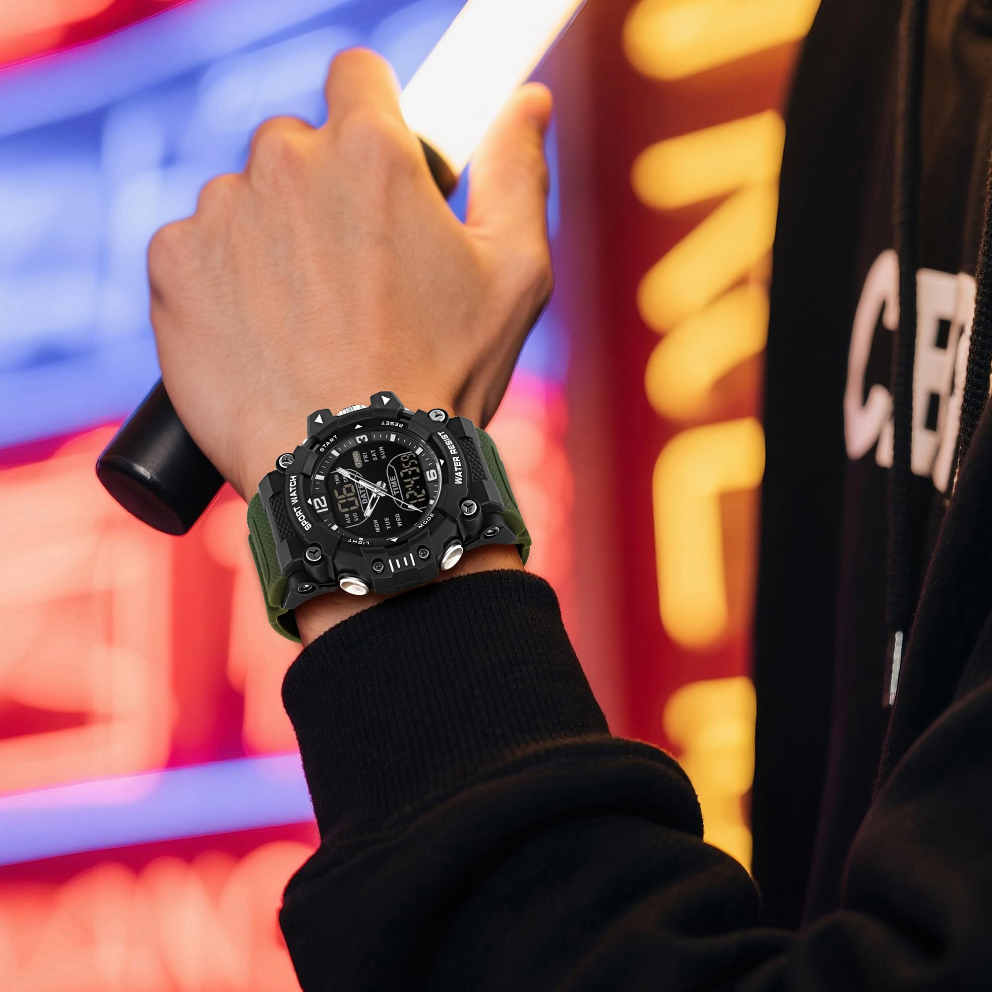 findtime Digitale wasserdichte Sportuhr für Herren, großes Zifferblatt, Alarm, Stoppuhr, Countdown, taktische Herren-Armbanduhr für Herren, leuchtende Outdoor-Laufuhr