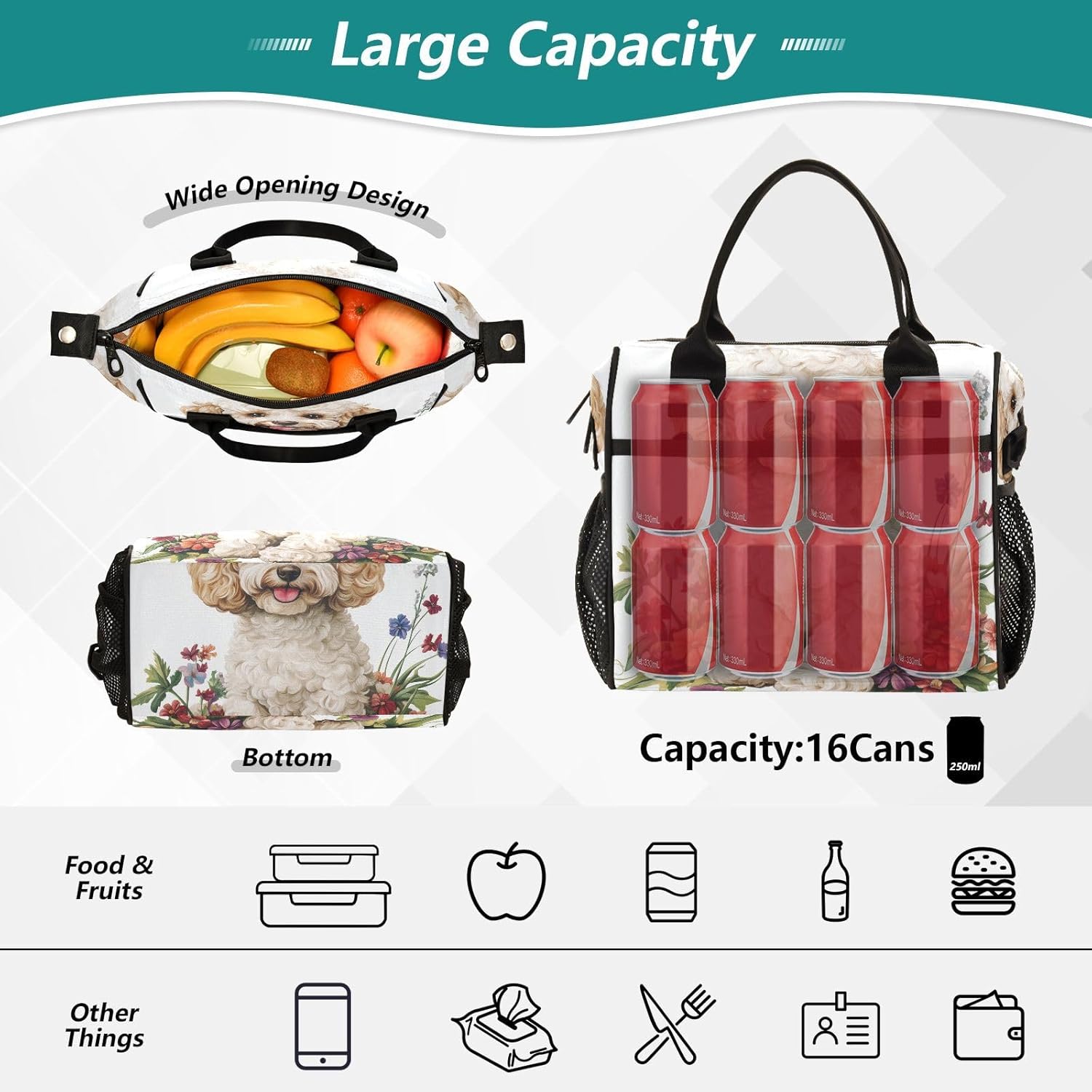 Lunch Bag Poodle Dog with Flowers Women Men Adult Reusable Leakproof Large Spacious Cooler Tote Insulated Lunch Box for Work Office Travel Picnic, Medium