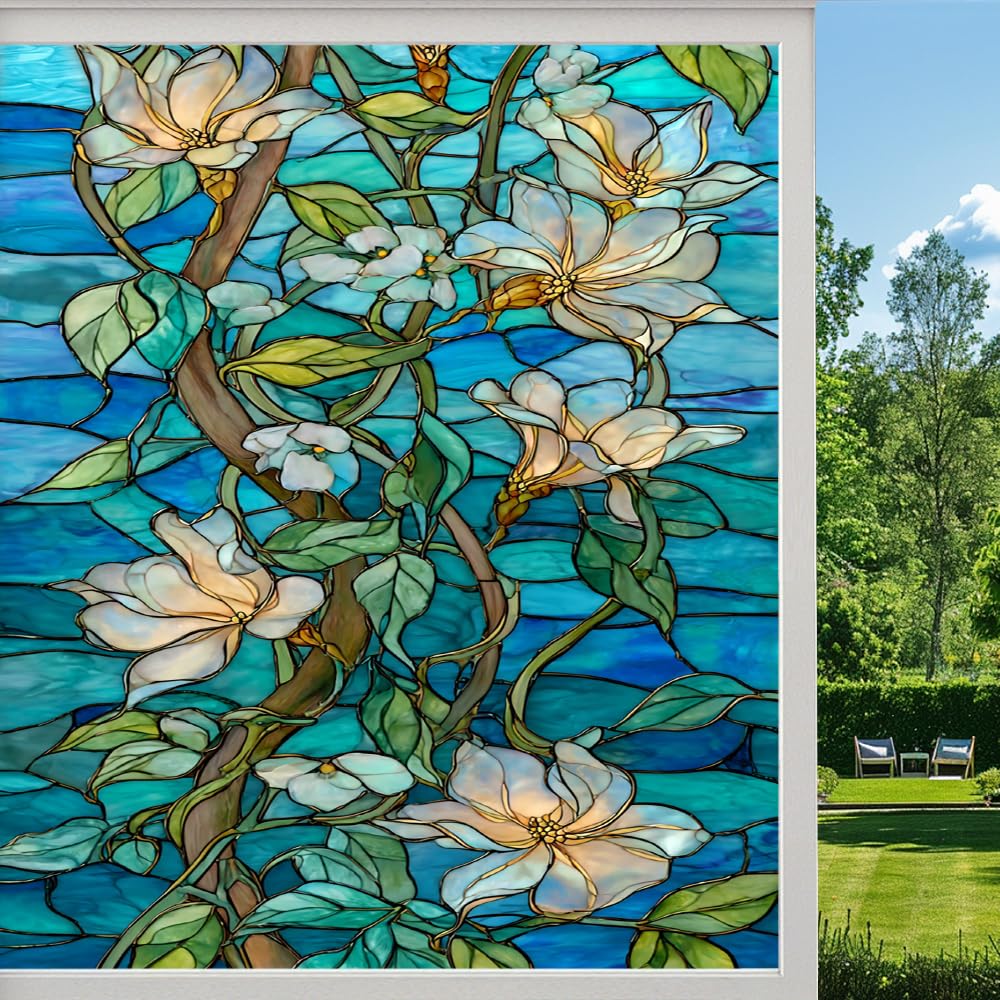 Branch Floral Frosted Window Film, Rural Flower Natural Plant Stained Glass Privacy Film, Heat Insulation Self-Adhesive Vinyl for Bathroom Office, （50x100cm）