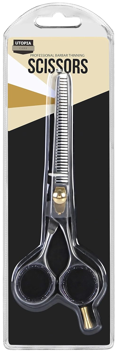 6.5" Professional Barber Thinning/Texturing Scissors - Comfort Grip Triple Ring with Adjustable Tension and Finger Inserts - Professional Grade Texturizing Scissors - by Utopia Care