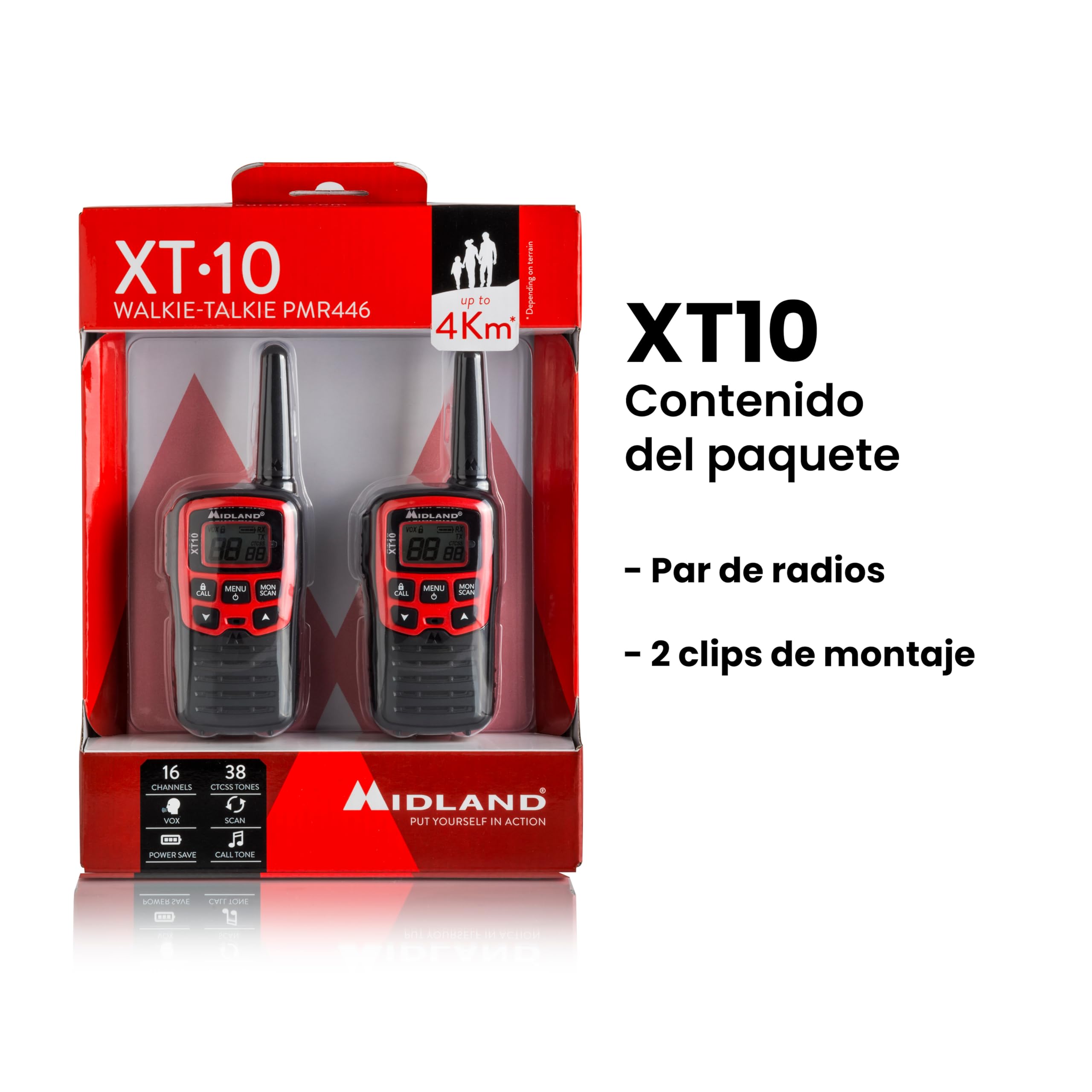 Midland - Walkie Talkie Profesional XT10, 2 Radioaficionados de Nivel Inicial para Trekking, Caza y Outdoor, 16 Canales PMR446 sin Licencia, Alcance 4Km, 38 Tonos CTCSS, VOX, SCAN, 2 Clips Cinturón