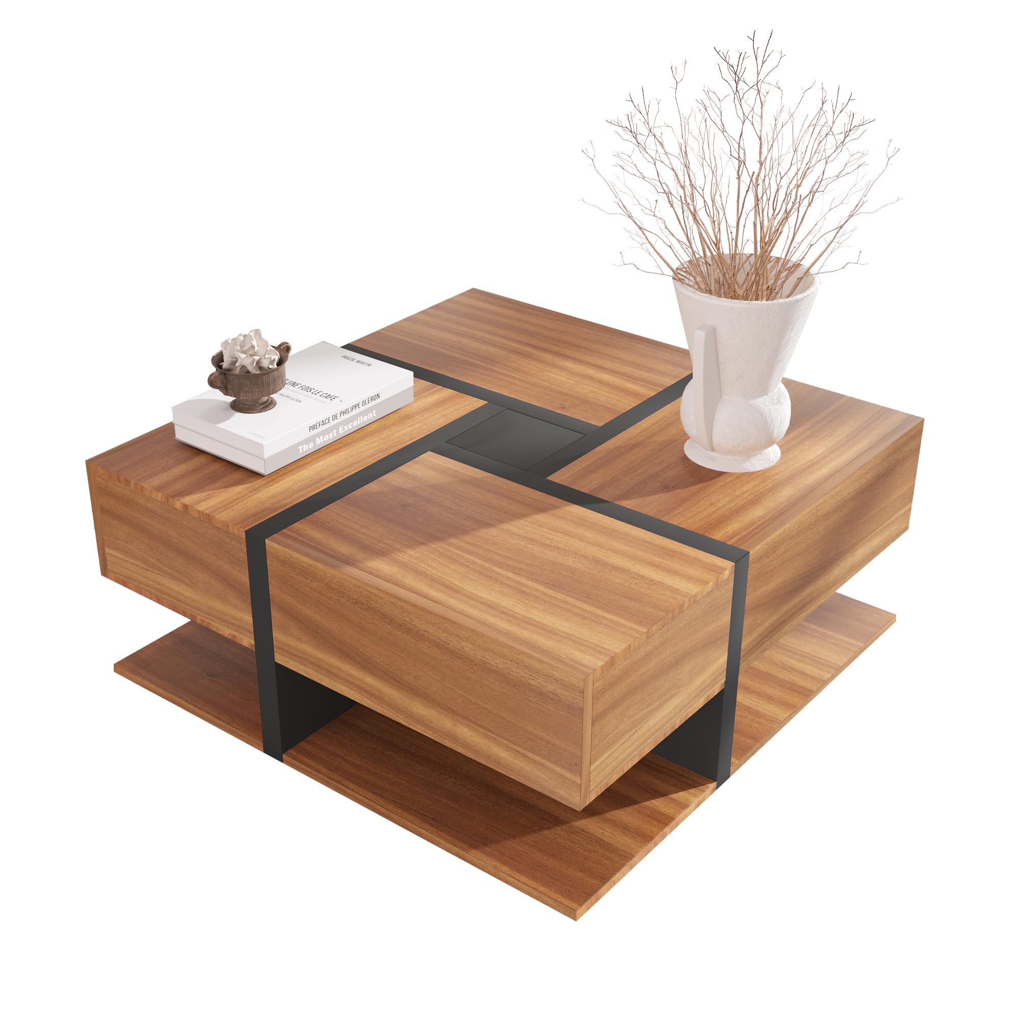 HAINEW Moderner Couchtisch Quadratisch Funktionscouchtisch mit 4 Schubladen und Unten Stauraum, Wohnzimmertisch, Sofatisch, Kaffeetisch, Beistelltisch