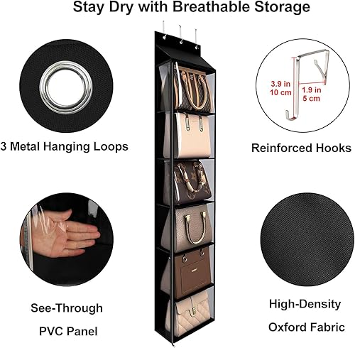 Miniatura 3 de Lirex Organizador para colgar sobre la puerta, organizador colgante de 6 bolsillos con cremallera, colgador de ropa para bufandas, sombreros,