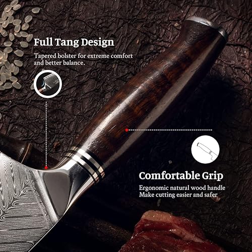 Miniatura 20 de YARENH Cuchillo de chef profesional, 7 pulgadas, 73 capas de acero inoxidable de damasco, mango de sándalo natural de espiga completa, con caja