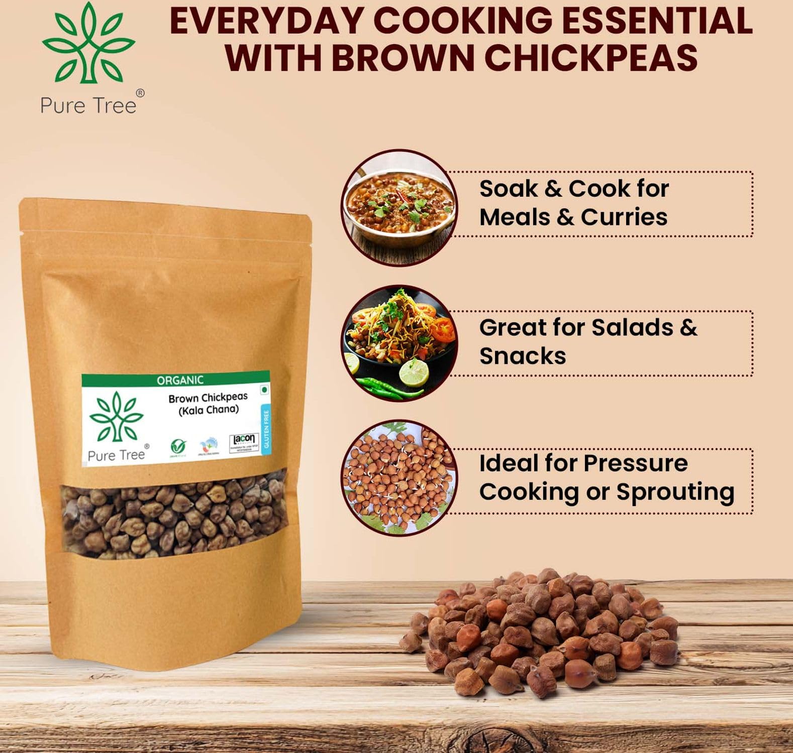 Pure Tree Certified Organic Kala Chana | 850 g | Brown Chickpeas | Desi Chana Whole Kadle Kalu | Plant Based High Protein Kondakadalai | Black Gram Whole Black Chickpeas - Image 5 thumbnail