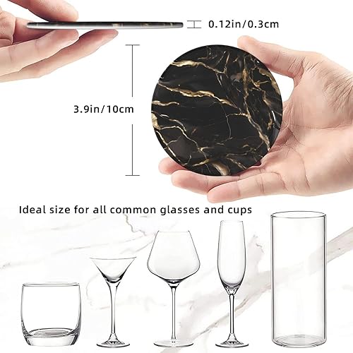 Vista 8 de Drink Coasters Set of 6, Black Gold Marble Printed PU Leather Round Coaster with Holder for Outdoor, Office, Bar, Funny Heat-Resistant Home Desk