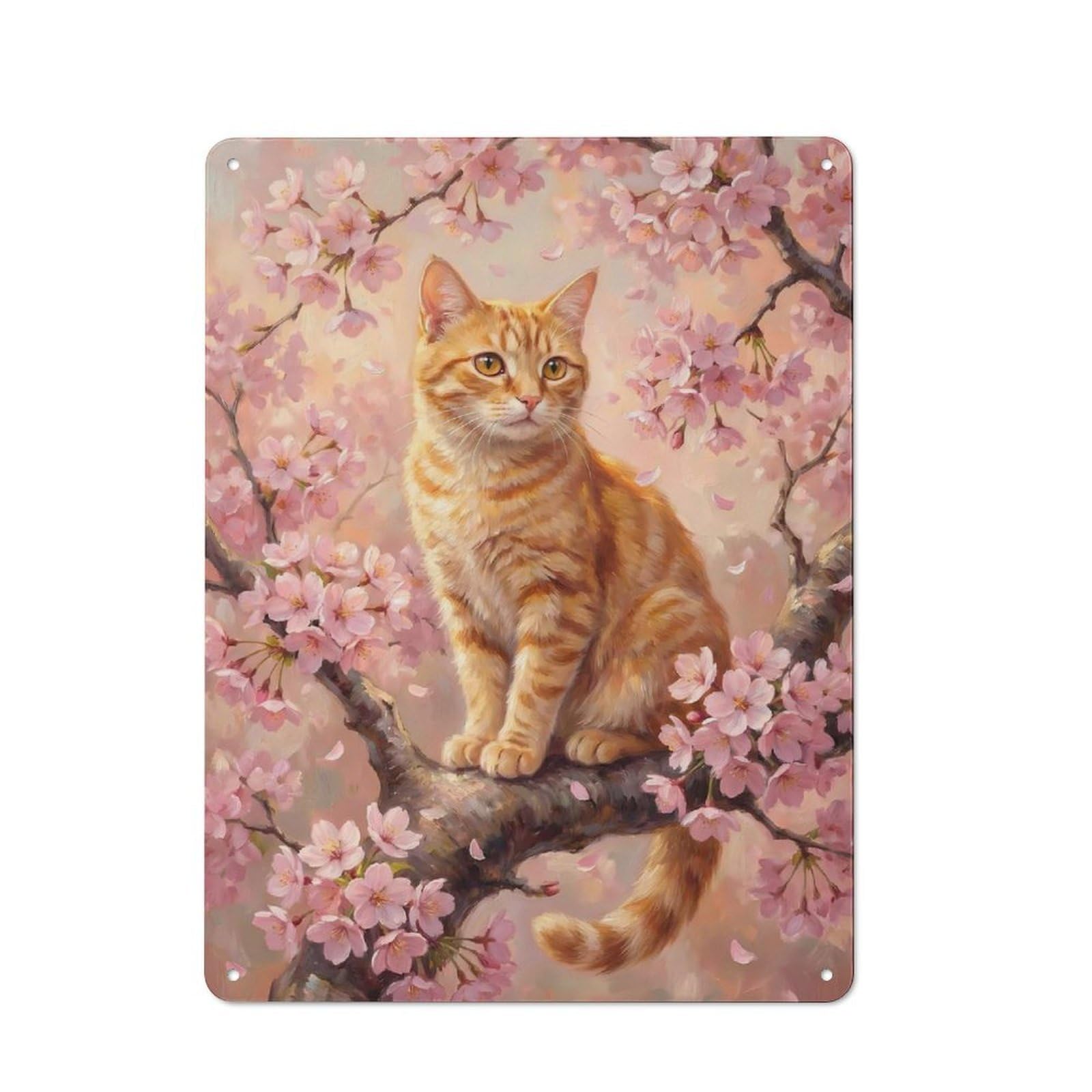 Junmoney Style-21 Loft Style Metal Wall Art Sign 40X30cm Featuring Ginger Cat In Cherry Blossom, Urban Room Decor For Loft, Studio, Office Or Creative Room