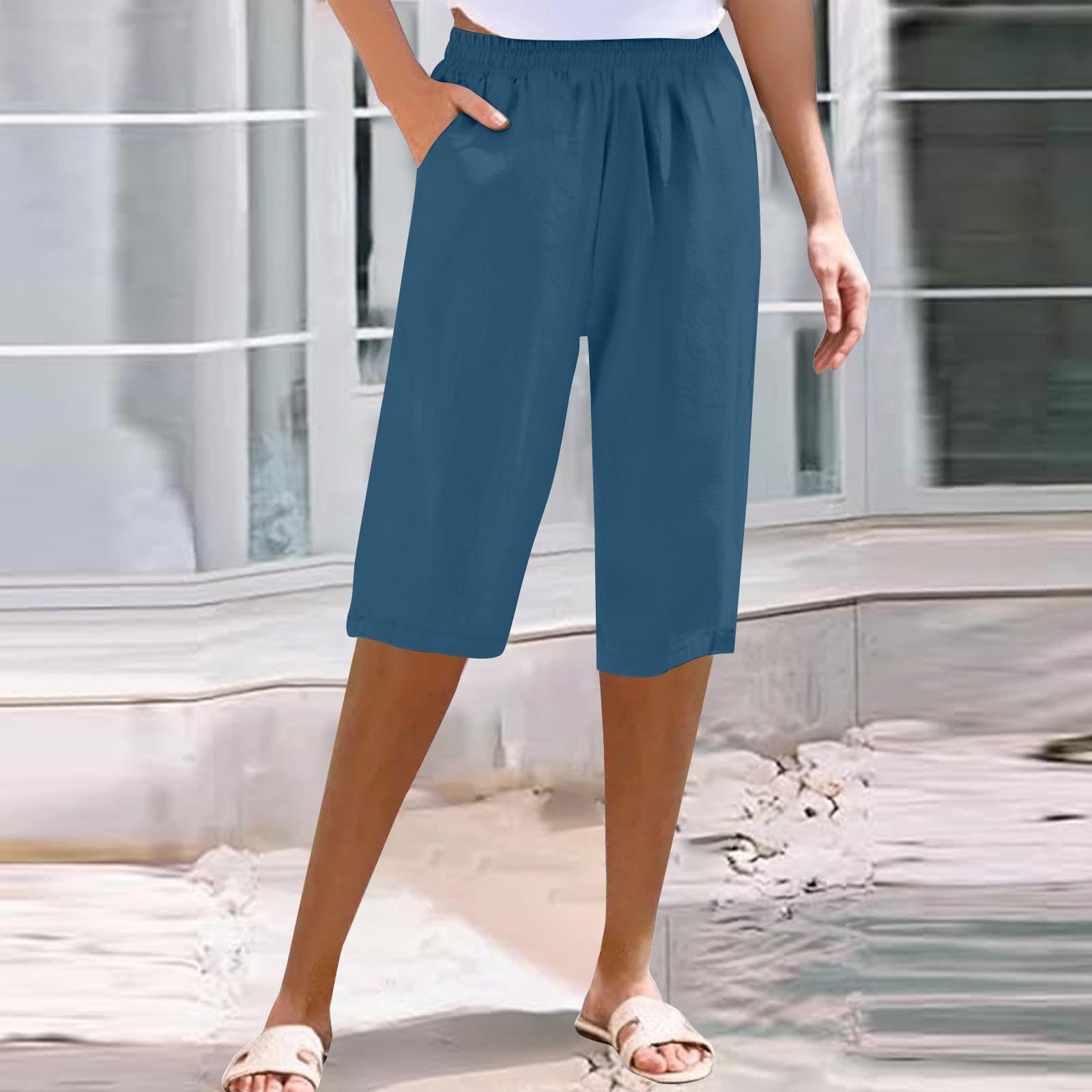 Summer Linen Capris for Women Dressy Casual Stretch Lightweight Capri Pant Elastic High Waist Lounge Crop Pants 2025(Blue,Small)