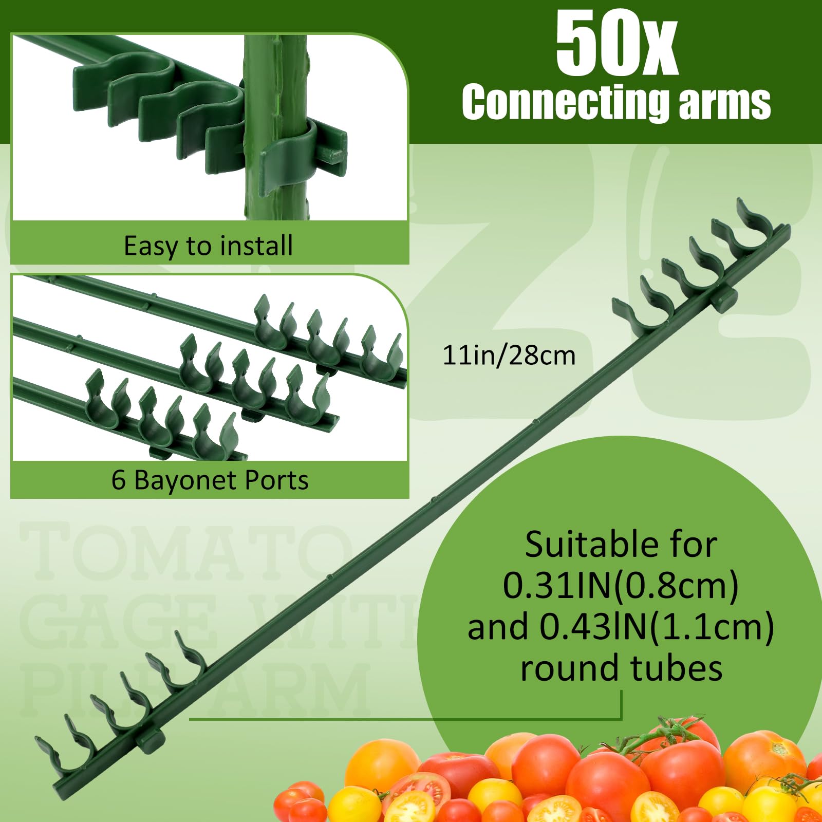Threehoney 50 brazos de estaca para jaula de tomate, conectores de enrejado expandibles de 11 pulgadas con 6 hebillas, conector de enrejado de jaula de tomate para jaula de tomate, plantas trepadoras