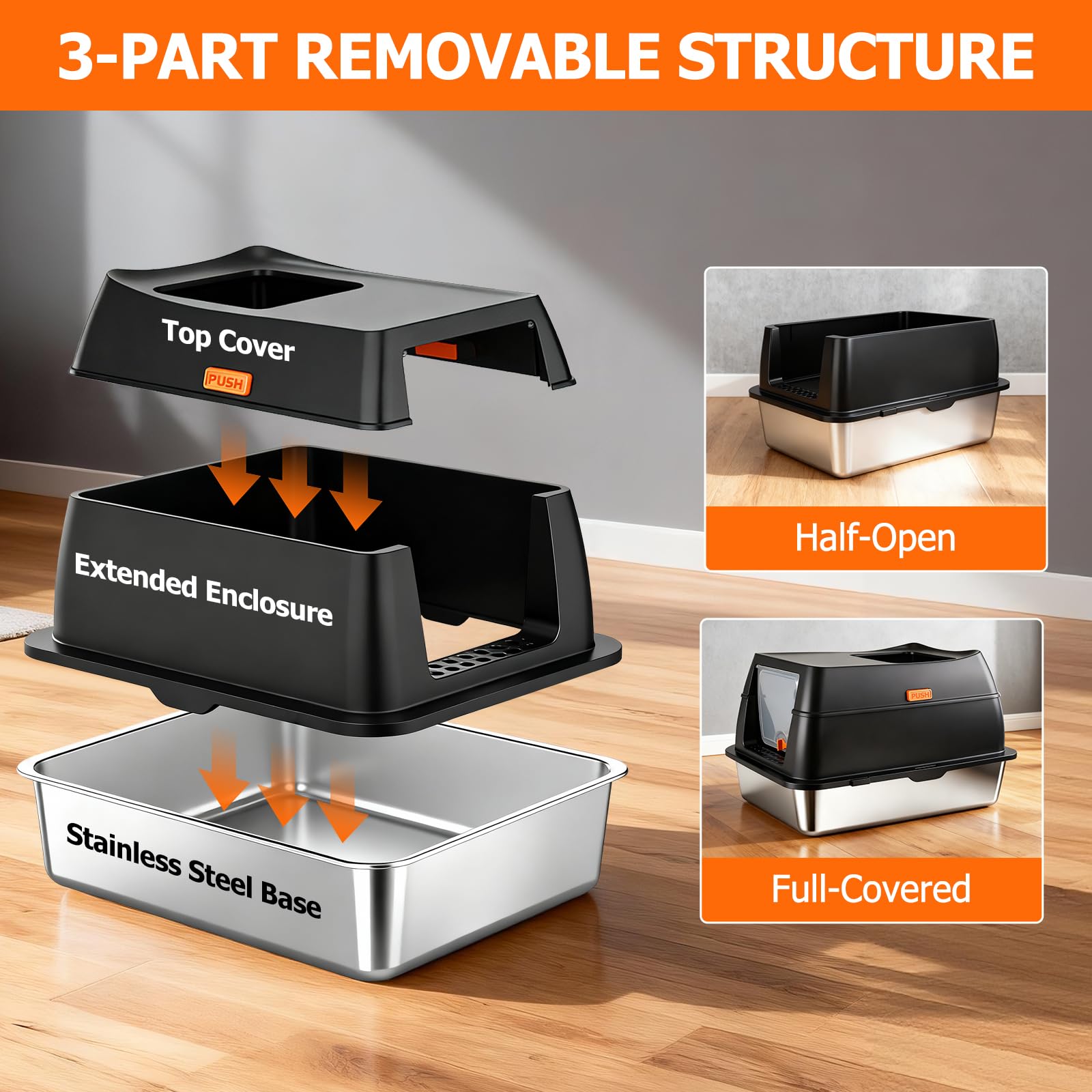 Arenero para Gatos de Acero Inoxidable, XL Caja de Arena Gato Cerrada con Tapa, Doble Entrada y Alfombrilla Antiderrames, Bandeja Antifugas para Gato Grande y Multiuso Cat Litter Box