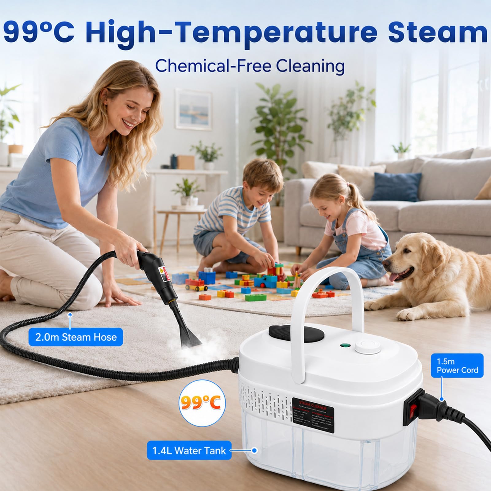 Limpiador Vapor 19 en 1 con 3 Bares y 2500W, Vaporeta de Mano con Calentamiento, Depósito 1.4L y Manguera 2m, Limpiadora a Vapor para Cocina, Baño, Suelos, Coches – sin Químicos
