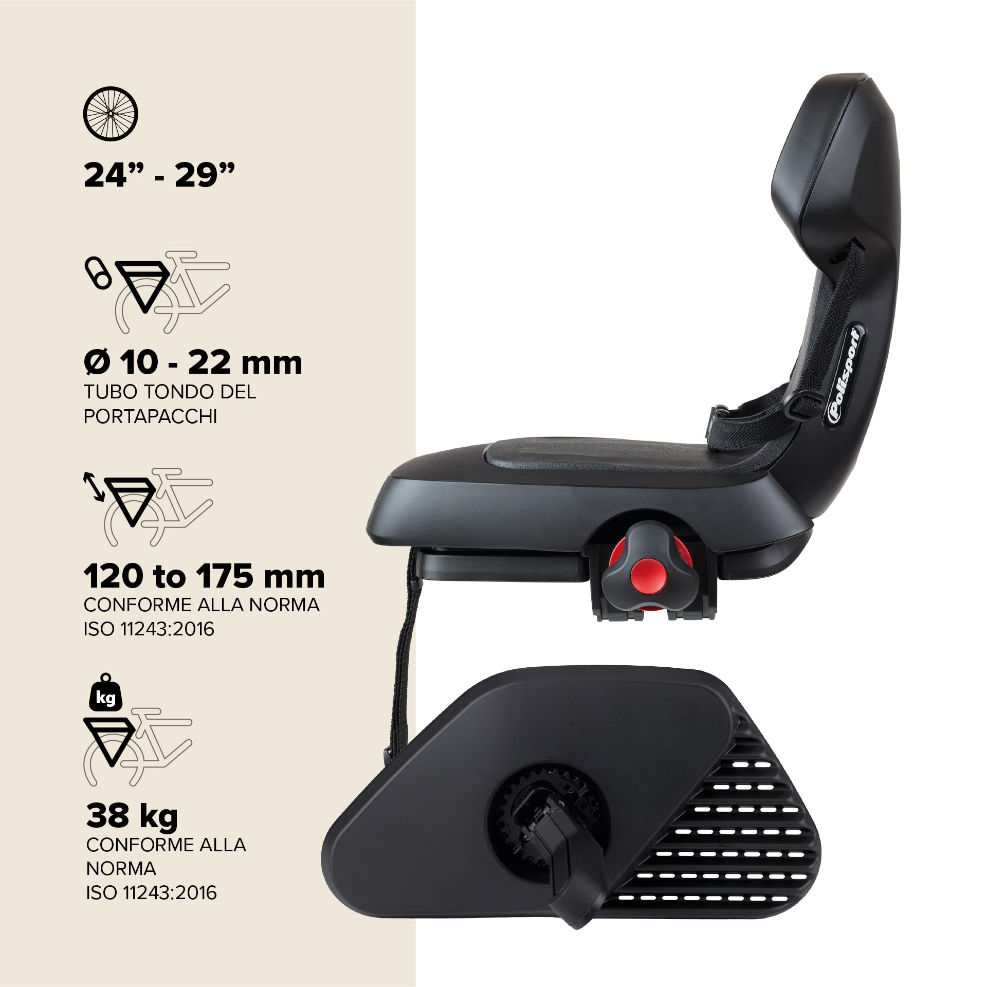 Polisport Guppy Junior AMZ All Black 8636100027 - Seggiolino Posteriore Per Bambini Età 6+,Altezza 1,10 M+,Max 35 Kg,Seggiolino Bambino, Poggiapiedi Pieghevoli,Protezione Ruota, Per Portapacchi,Nero