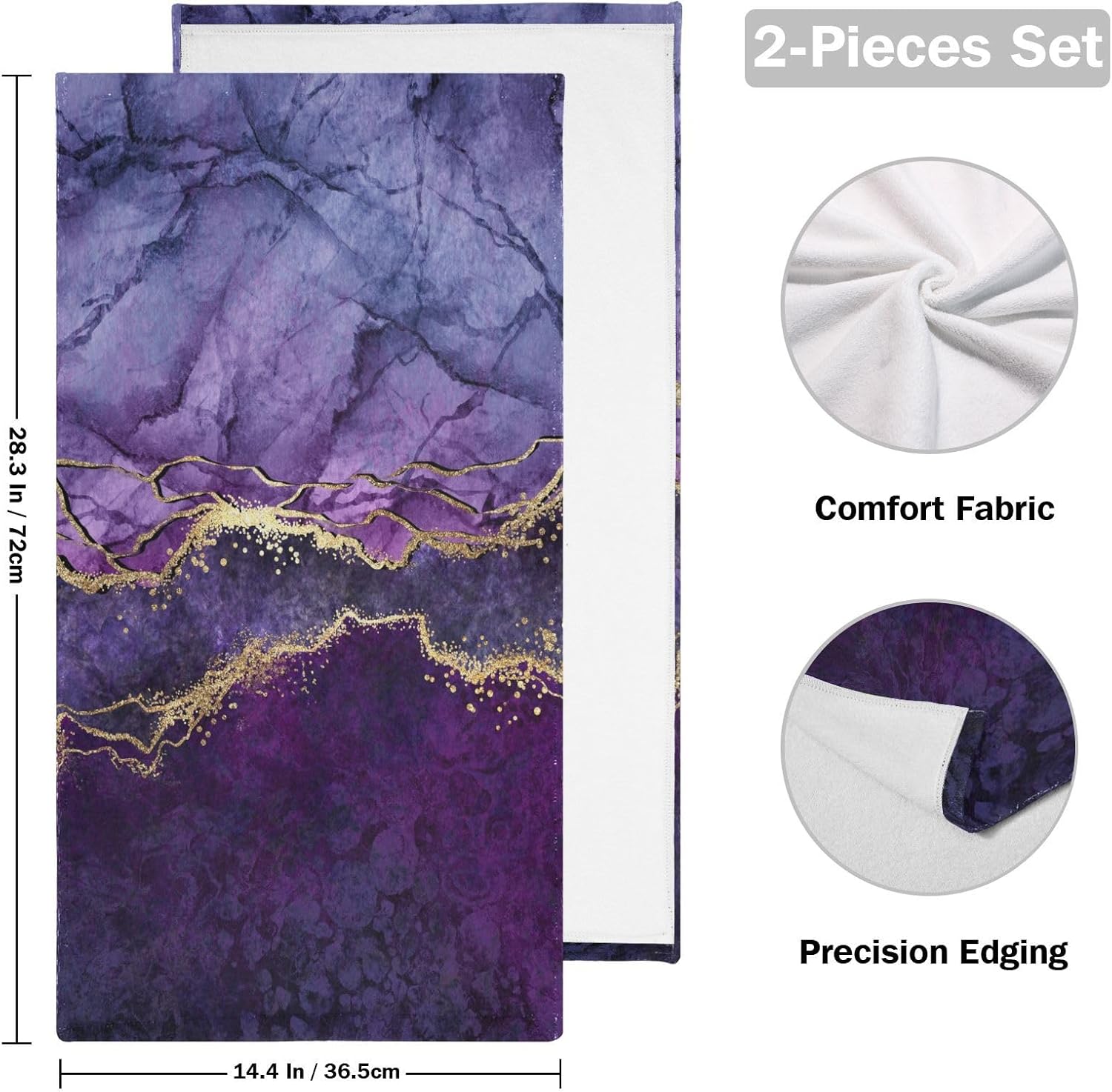 Purple Marble Hand Towels for Bathroom Set of 2 Abstract Gold Texture Aesthetic Soft Absorbent Kitchen Towel Modern Elegant Art Decorative Bathroom Towels for Bath Guest Shower Face Hair Gym 14"x28" - Image 2
