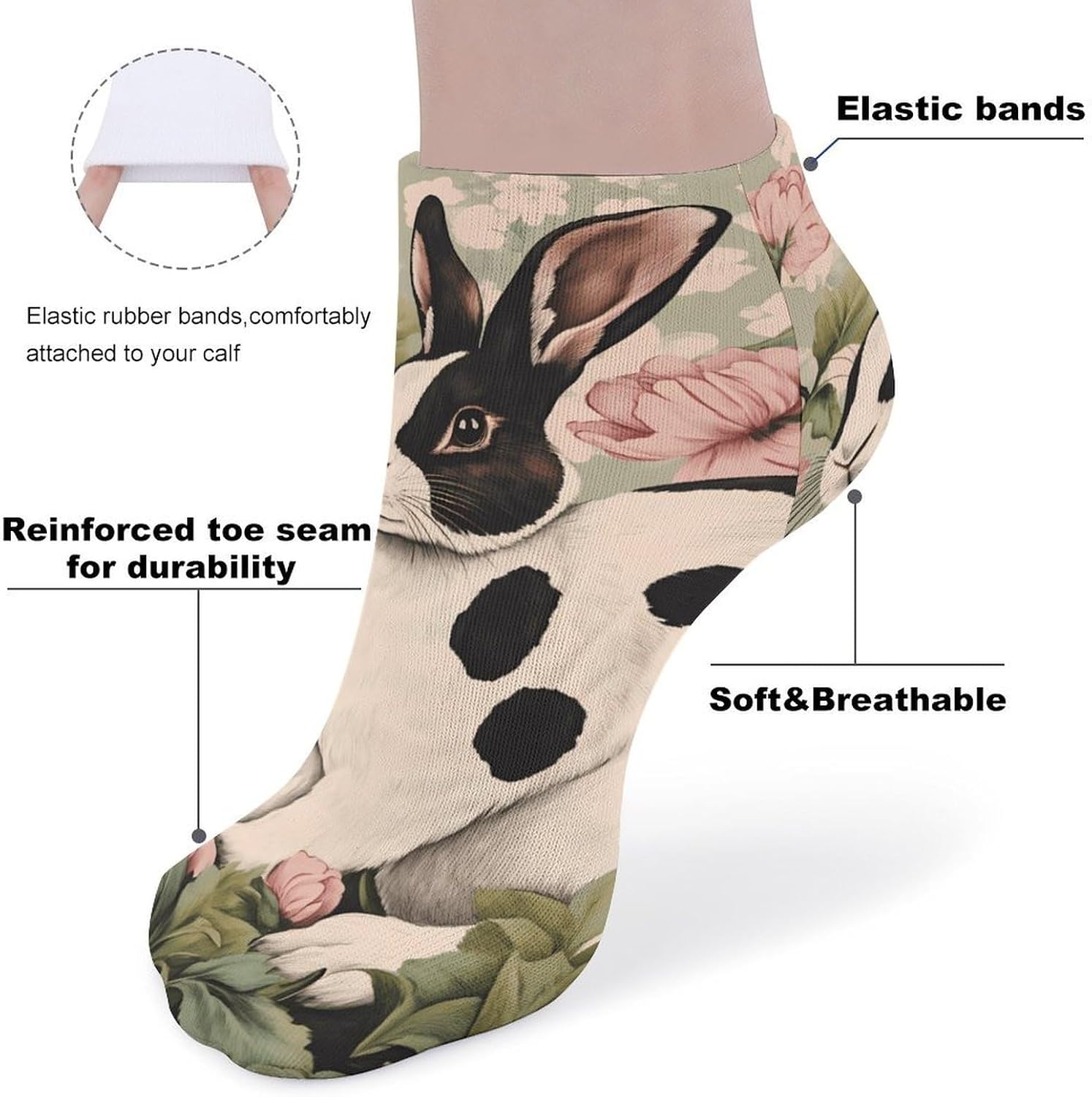 Rabbits With Camellia Flowers No Show Ankle Socks Low Cut Non Slip Flat Boat Line 5 Pairs Set