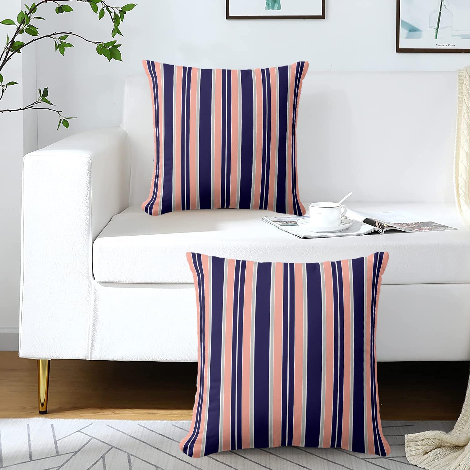 Navy Coral Stripes Outdoor Pillow Covers 20 x 20inches Decorative Pillow Case for Sofa Couch Bed (Pillow Insert Not Include)