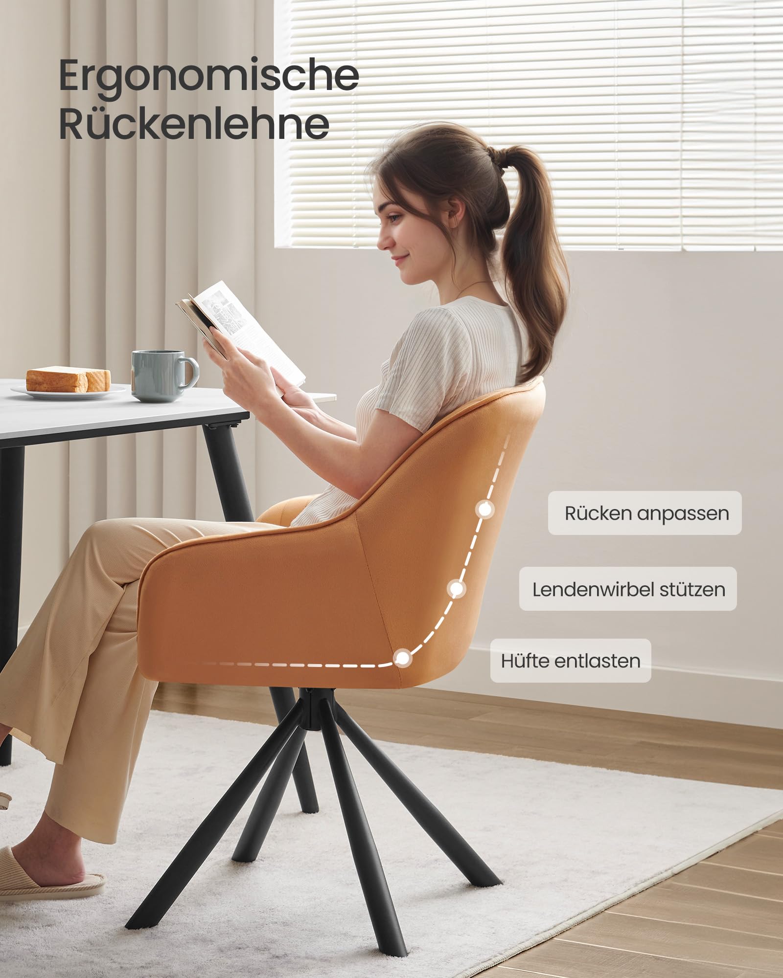 SONGMICS Esszimmerstuhl 2er Set, Küchenstuhl, Sessel drehbar, Samt, Polsterstuhl mit Armlehnen, bis 120 kg belastbar, Stahlbeine, für Esszimmer Küche, karamellbraun-tintenschwarz KDC161K12V1