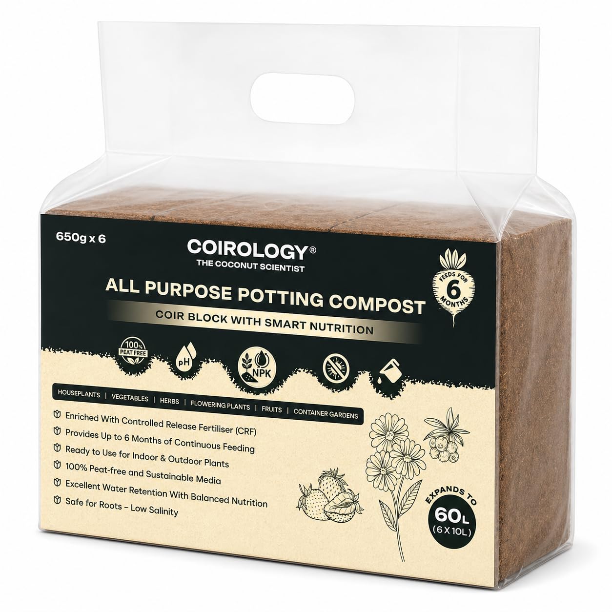 Coirology All Purpose Compost Brick 6 x 650g - Compressed Coco Coir Peat-Free Potting Soil Feeds for 6 Months, Controlled Release Fertiliser Expands to 60L - Lightweight Easy-to-Carry Growing Medium