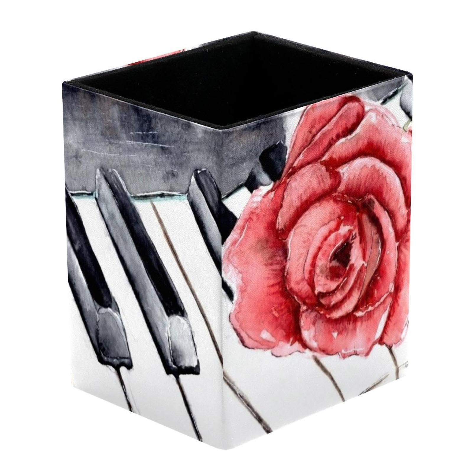 VAPOKF Pencil Holders for Desk, Red Rose on the Piano Prints Pen Holders Pen Pot Makeup Brushes Storage Desktop Stationary Supplies Organiser for Home Office