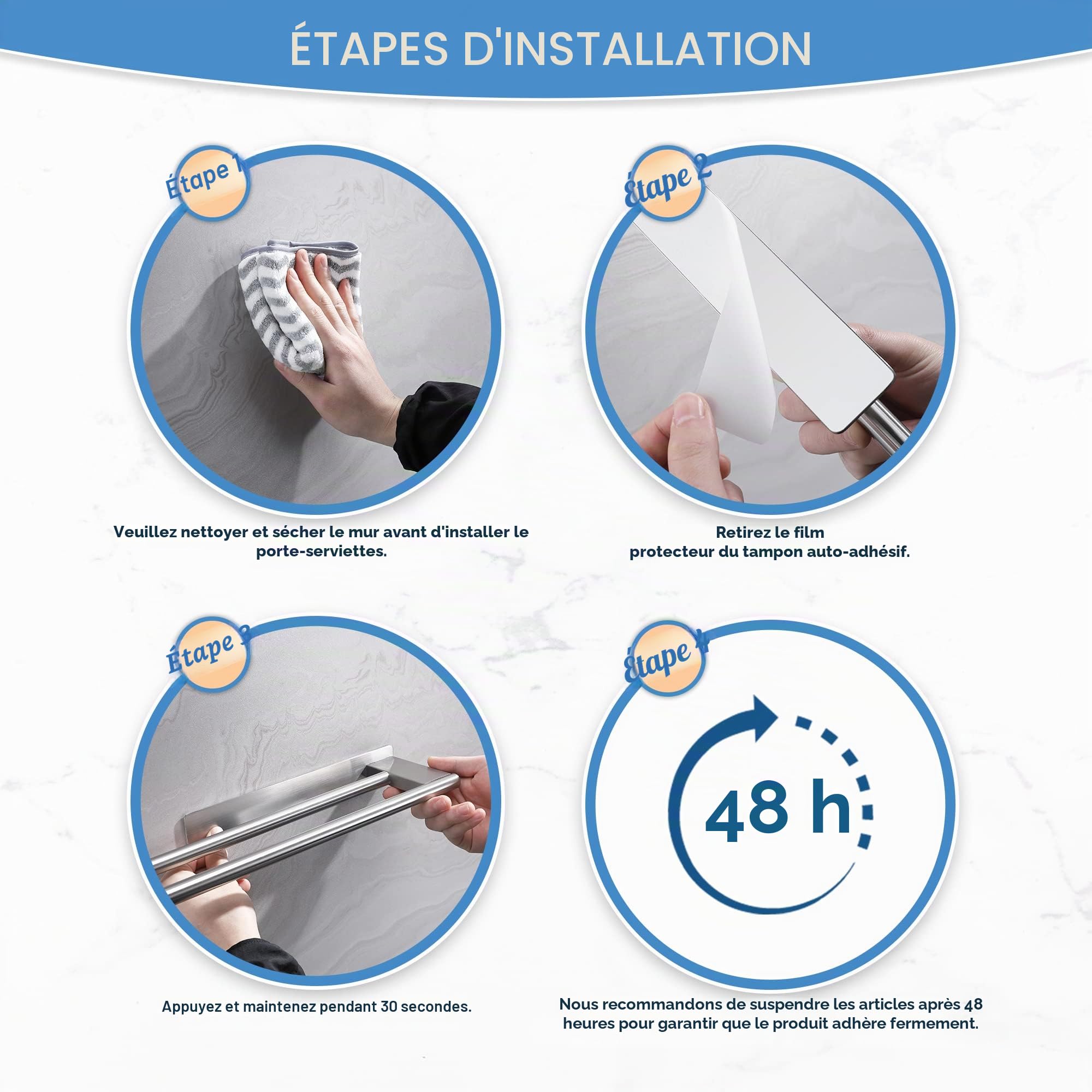 Dvocel Porte-serviettes sans perçage, à double barre, en acier inoxydable 304, à deux bras, autoadhésif, montage mural, pour invités, salle de bain, cuisine