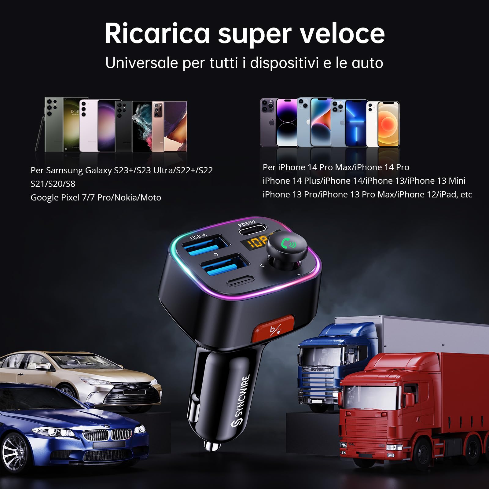 Syncwire Trasmettitore FM Bluetooth 5.4, 48W (PD 36W e 12W) Doppia Porta USB di Ricarica Adattatore Auto, Radio Ricevitore Wireless, Display LED, Chiamate in Vivavoce, Supporto Unità USB 64GB