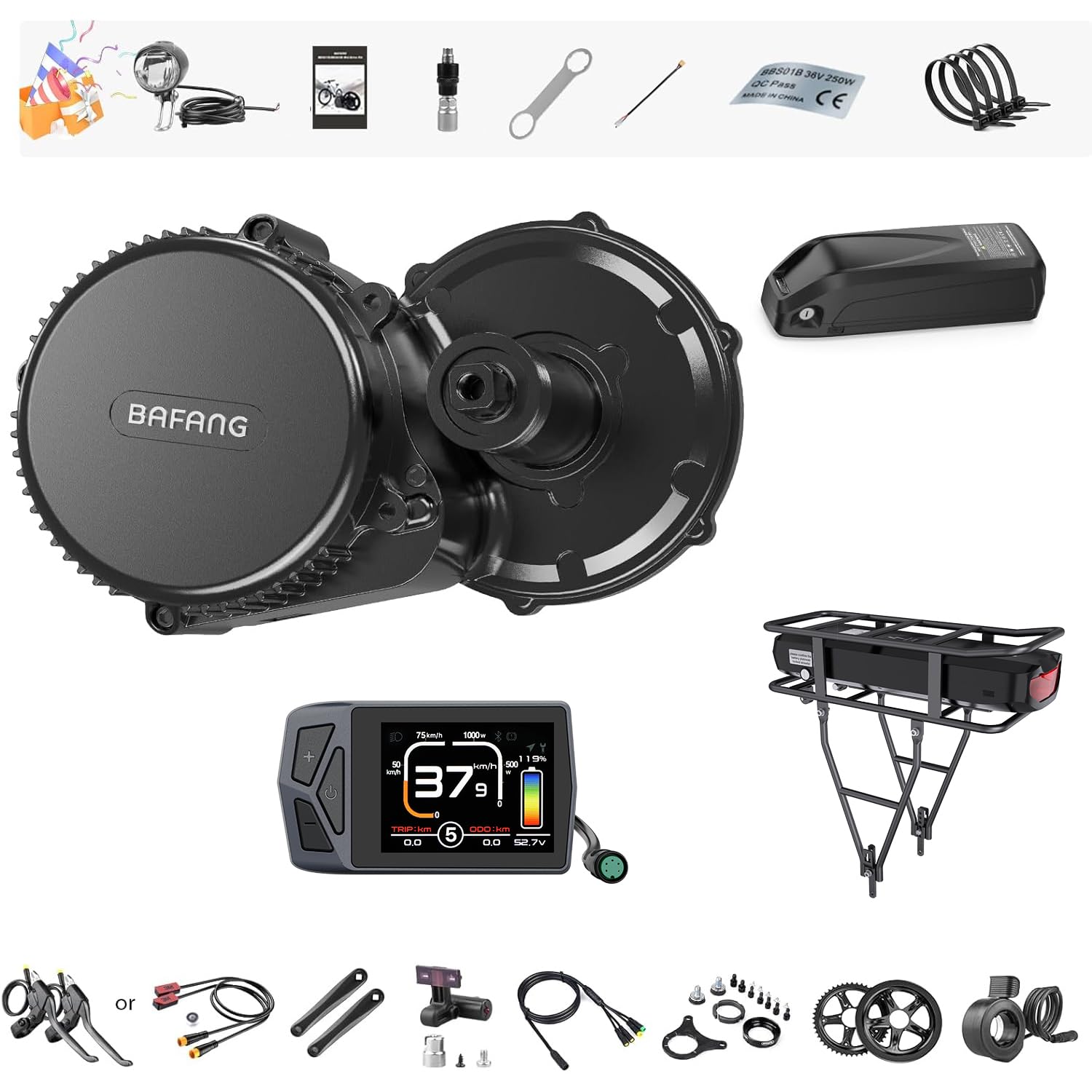 BAFANG BBS02 48V 750W Mid Drive Kit with Battery (Optional), 8Fun Bicycle Motor Kit with LCD Display & Chainring, Electric Brushless Bike Motor Motor para Bicicleta for 68-73mm BB