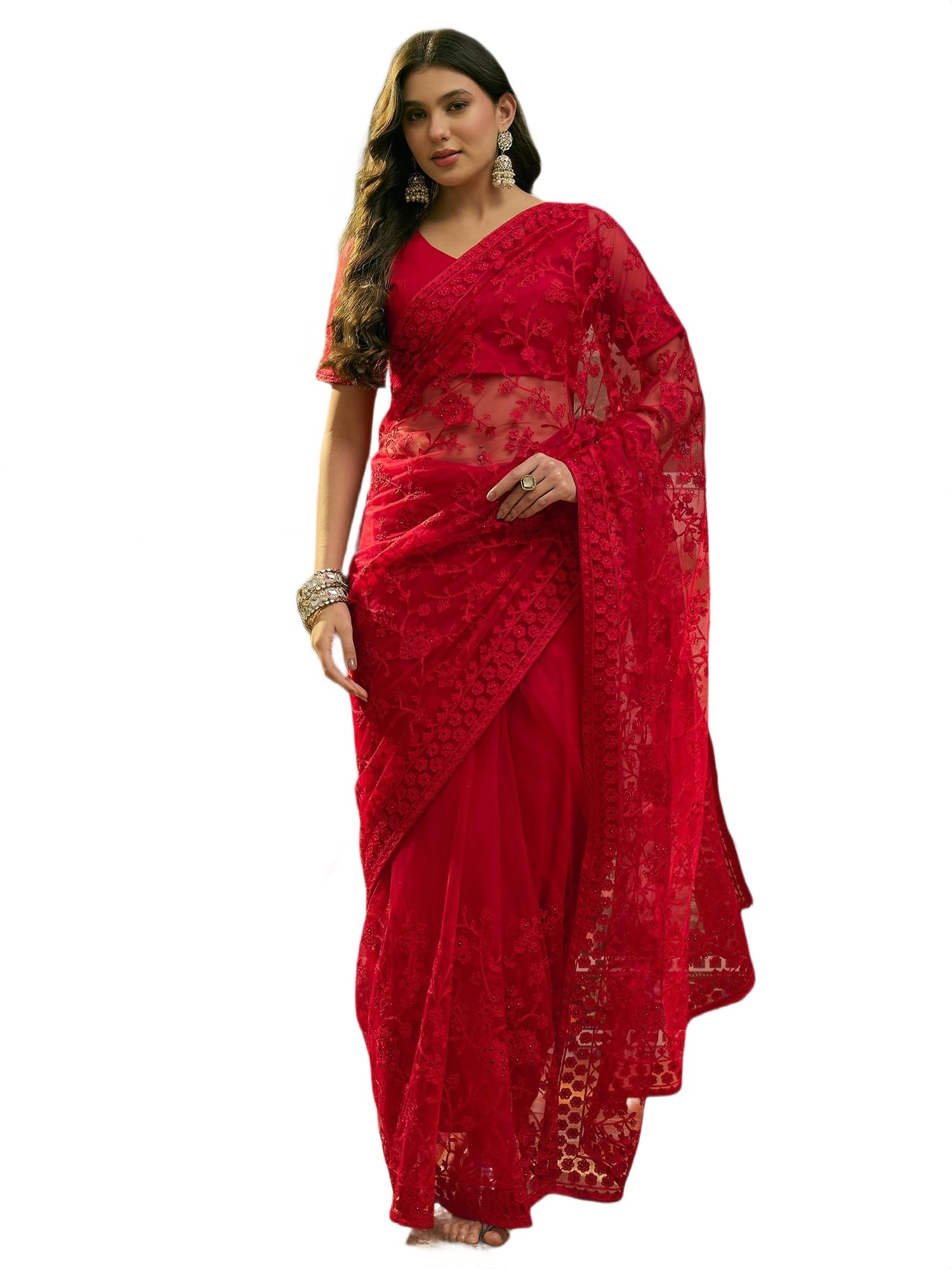 Women's Red Embroidered Sheer Saree with Floral Motifs (MRSSKTPRV8302A)-image-29