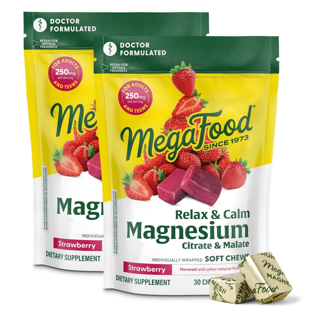 MegaFood Relax + Calm Magnesium Supplement - Soft Chews with Magnesium Citrate & Magnesium Malate for Heart Health, Muscle Tension & More - Vegetarian - Strawberry-Flavor - 30 Chews per pack (2 Pack)