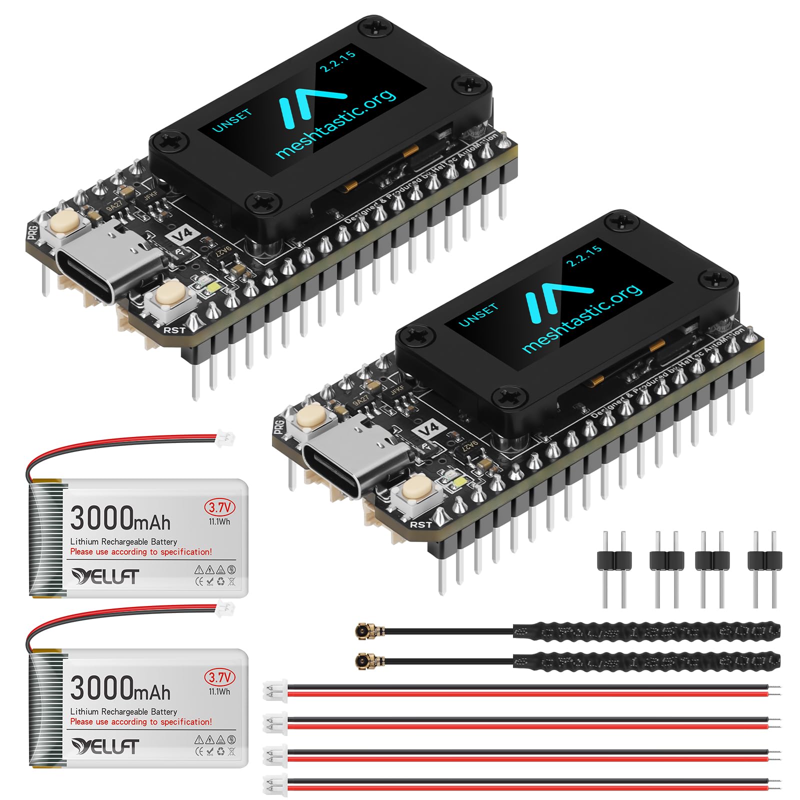 Lot de 2 cartes de développement ESP32 LoRa V4 pré-soudées avec batterie de 3000 mAh, Wi-Fi intégré Bluetooth SX1262 868 MHz LoRa, écran OLED de 0,96", interface USB-C pour Meshtastic