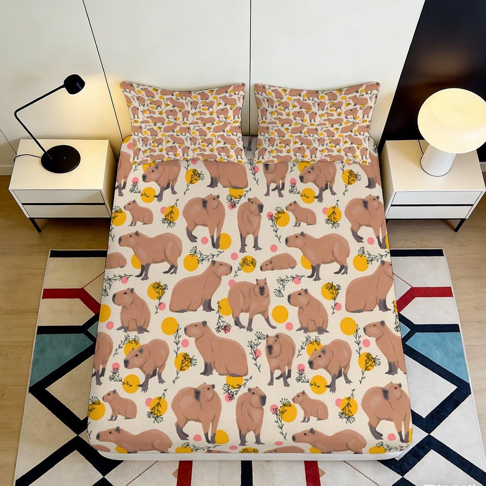 3D Printed Capybara Orange Fitted Sheet Microfiber Soft Breathable Animal Bed Sheet for Bedroom Guest Room Decor 90x200x25cm