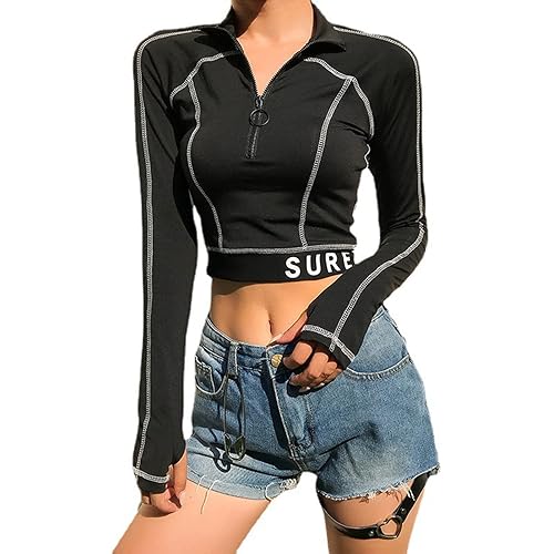 Women Goth Polo Shirts Asymmetrical Y2K Crop Tops Punk Black Clothes