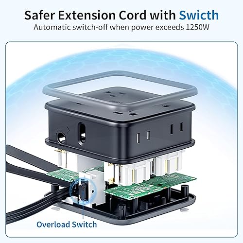 Miniatura 5 de NTONPOWER Cable de extensión plano, 8 tomas amplias, regleta de enchufe plano negro con 3 puertos USB (1 USB C), regletas de alimentación montadas