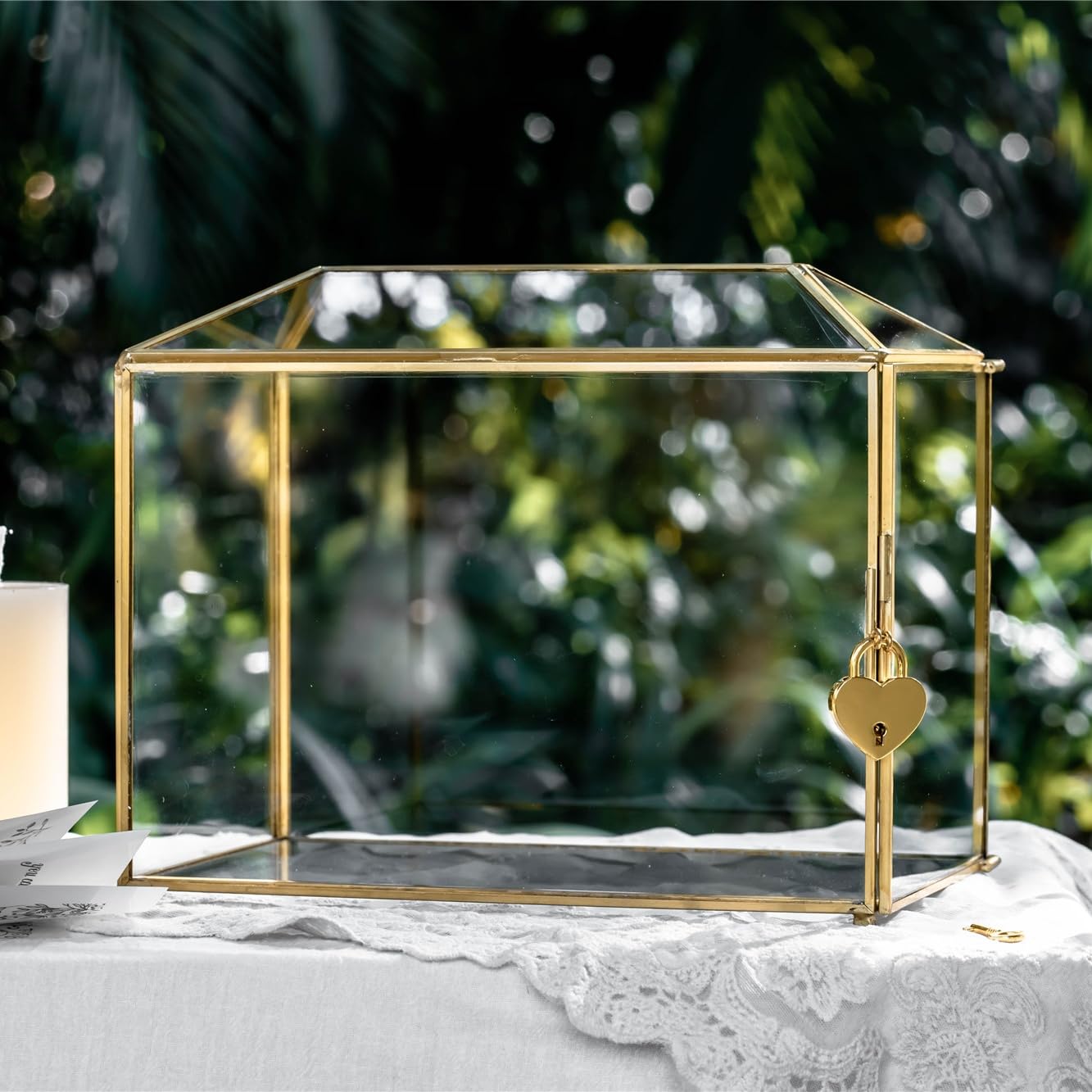 NCYP Scatola per biglietti di vetro, grande terrario geometrico, realizzato a mano, in ottone, stile vintage, rettangolare, con piedino per ricevimenti nuziali (solo scatola in vetro)