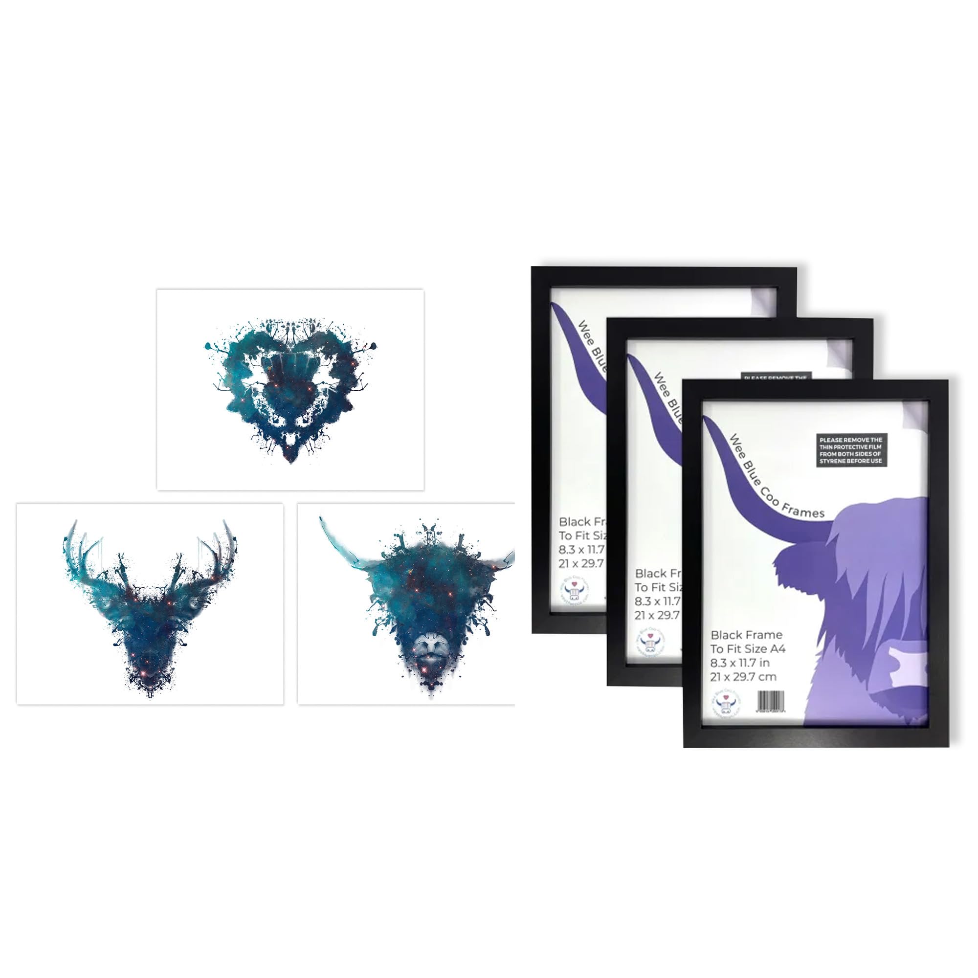 Artery8 Celestial Scottish Wall Art - Set of 3 A4 Sized Art with Black Frames - Ink Splat Thistle Heart Flower Hairy Coo Cow and Stag Space Painting