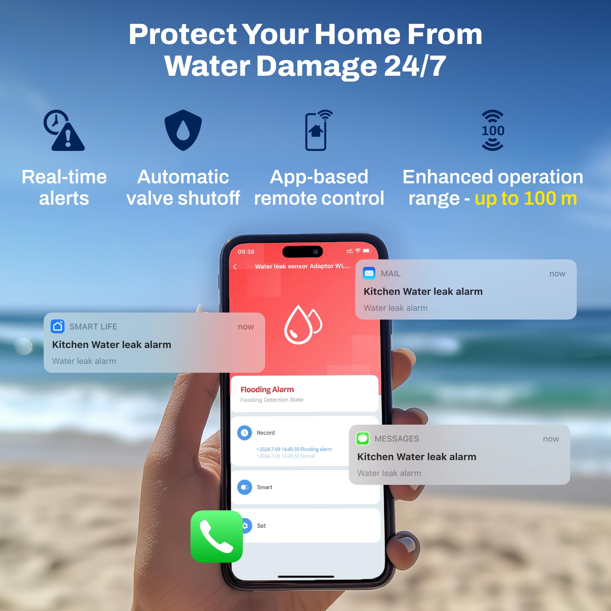 Detector de fugas de agua para el hogar, sensor de agua inteligente ZigBee 3.0, funciona con Alexa, Google Home, kit doméstico y asistente doméstico, alarma de fugas WiFi, apagado automático, protege