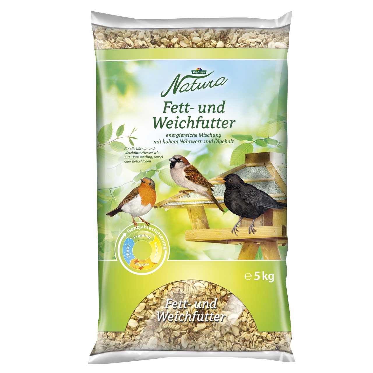 Dehner Natura - Alimento para Aves Silvestres, Grasas y Blandas para Aves de jardín, con Copos de Avena y Trigo, Cacahuetes, pasas, 5 kg
