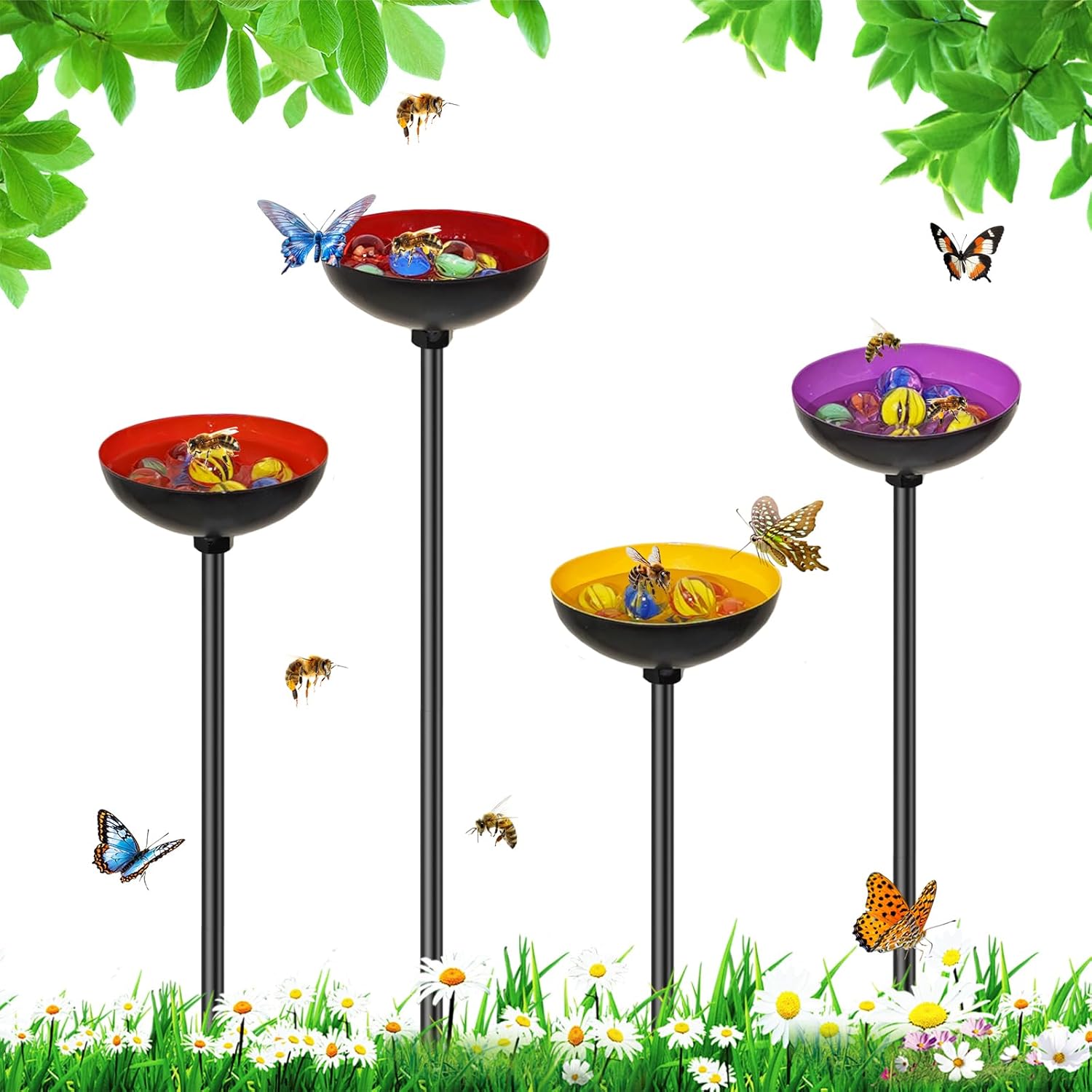 4 Pack Bee Watering Station for Garden, Metal Bee Butterfly Feeder with 40Pcs Glass Marbles, Colorful Butterfly Bee Bath Water Bowl with Flower Design for Outdoor Yard Patio Decor