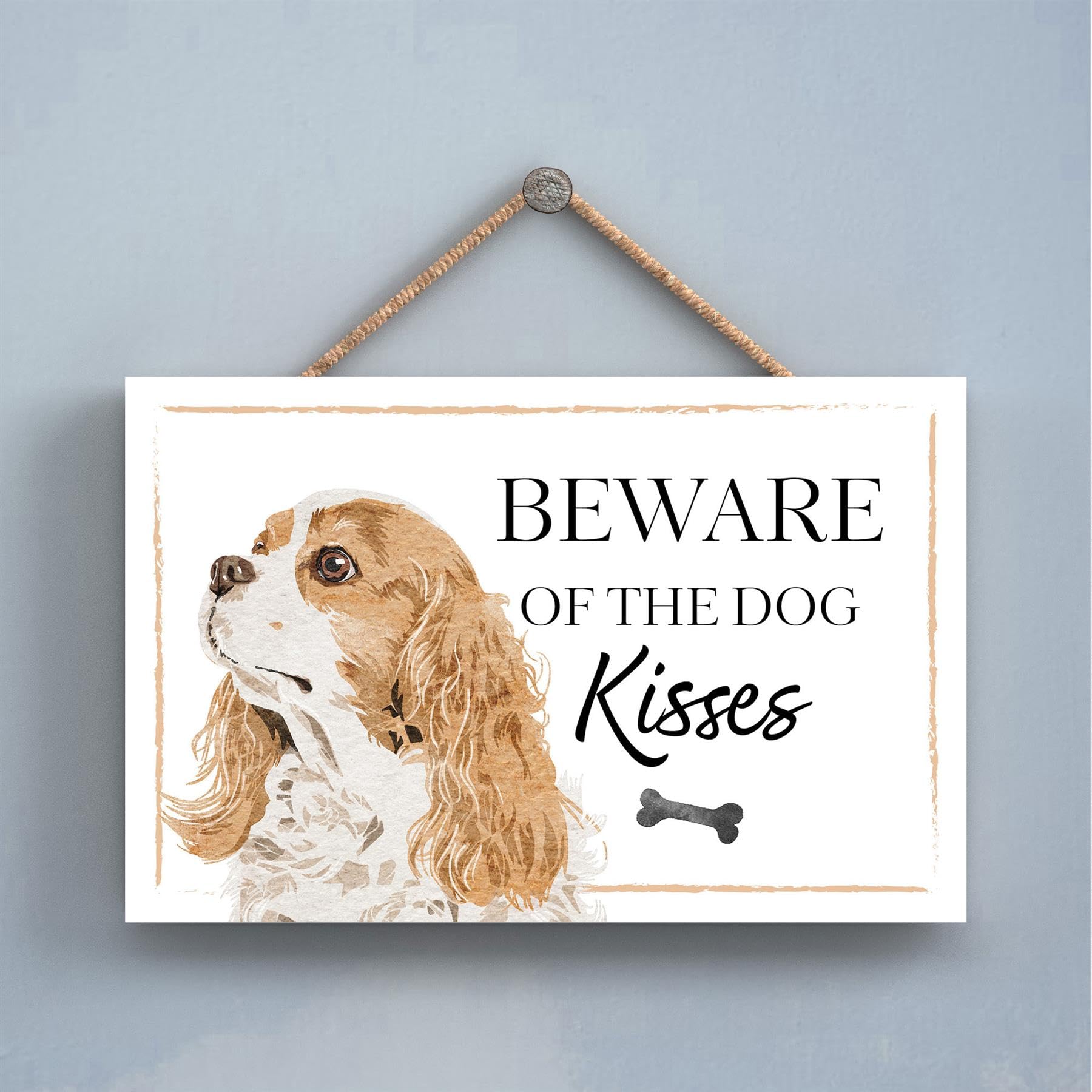 Cavalier King Charles Beware of Dog Kisses Decorative Gift Wooden Hanging Rectangle Plaque