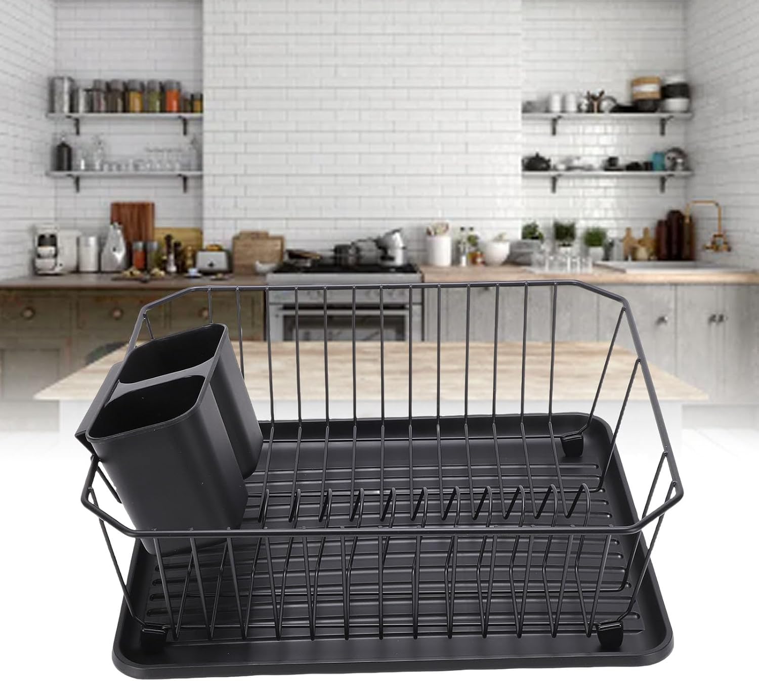 Asixxsix Dish Drying Rack, Stainless Steel Dish Drainer with Utensil Holder and Drainboard, Sink Organization and, 14" x 12" x 5" for Home and Apartment Decor (Black)