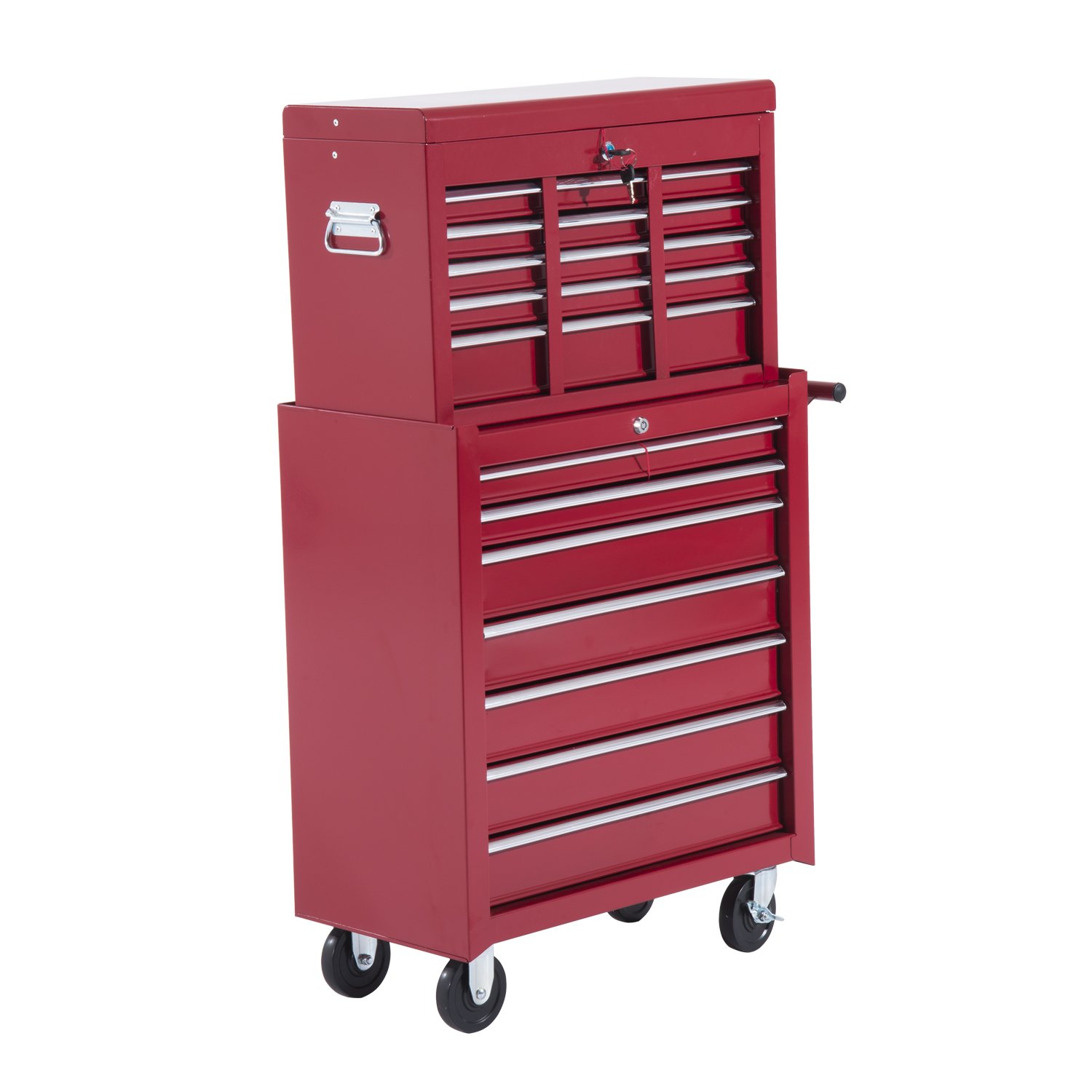 HOMCOM Carro Caja de Herramientas Taller Movil 16 Cajones 4 Ruedas 2 Cerraduras Rojo