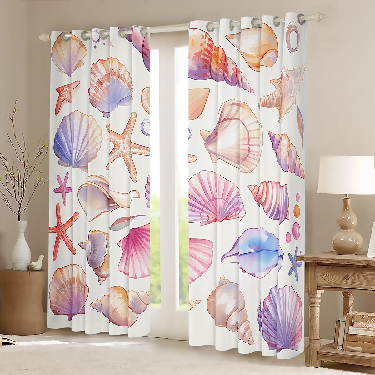 Homemissing Tende oscuranti con stelle marine e spiaggia per camera da letto e soggiorno, tende oscuranti con conchiglie, tendaggi per finestre, spiaggia costiera, oceano, 2 pannelli, 167,6 x 228,6 cm