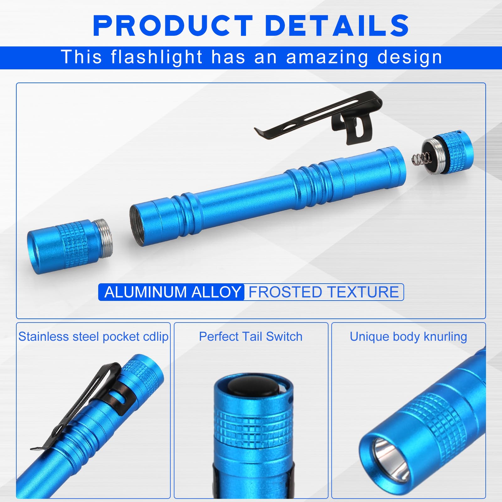 Hortsun 20 mini torce tascabili a forma di penna, con clip, piccole torce a LED, portatili, sottili, senza batteria (13 cm, blu)